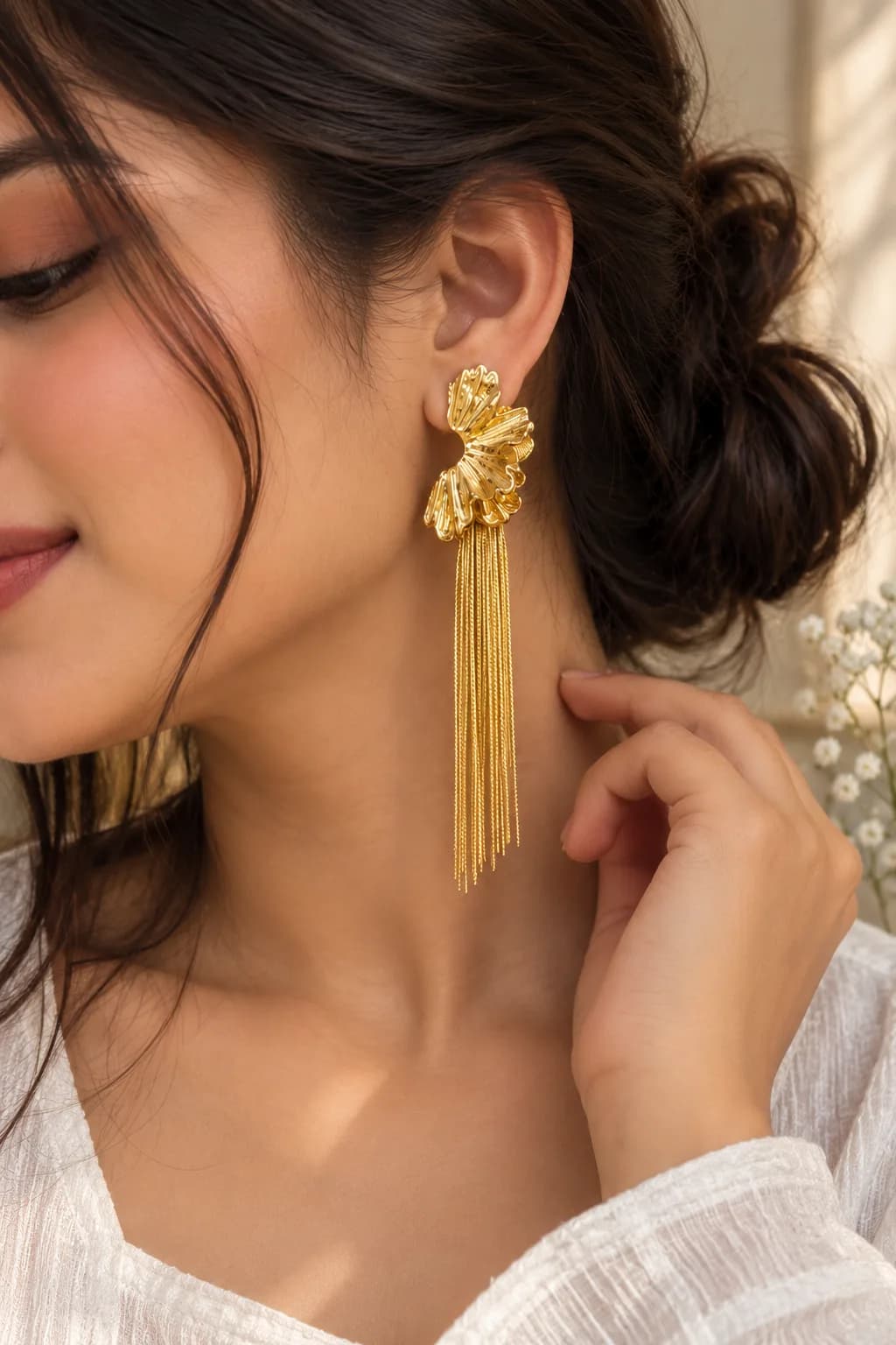 Gold Floral Tassel Earrings 2
